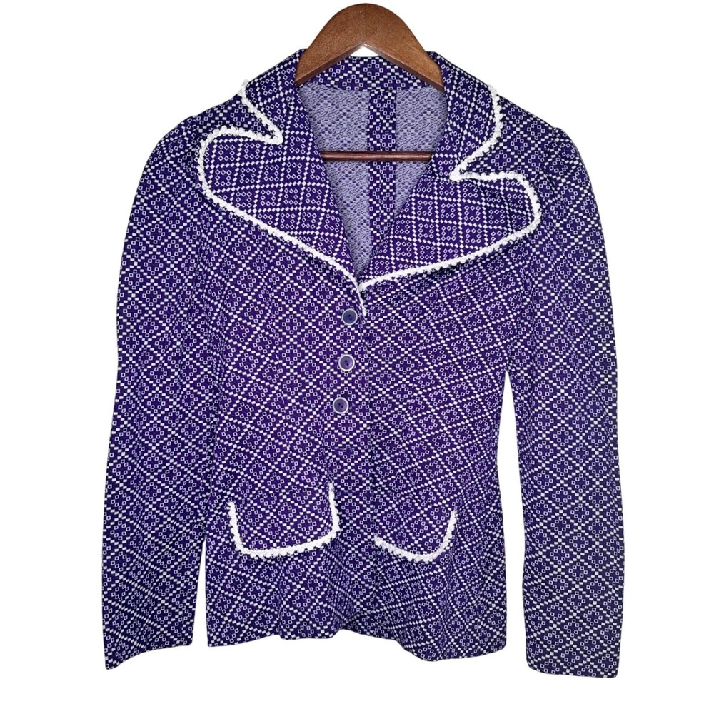 Handmade Vintage Purple Geometric Knit Blazer Crochet Trim Puff Shoulder Retro